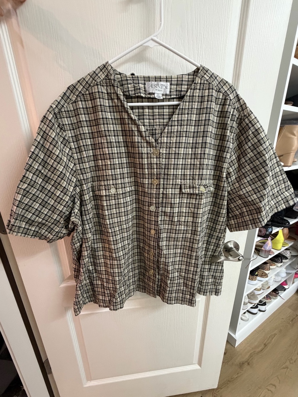 Casual Corner Annex Woman Plaid Short Sleeve V-Neck Button Up Top 3X Vintage